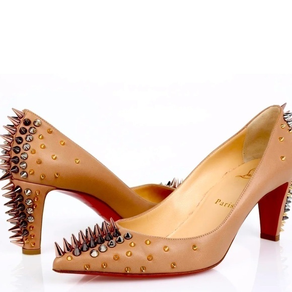 Christian Louboutin Shoes - Christian Louboutin Dinosa multicolor spikes 70mm Napa leather Nude pumps EU39.5